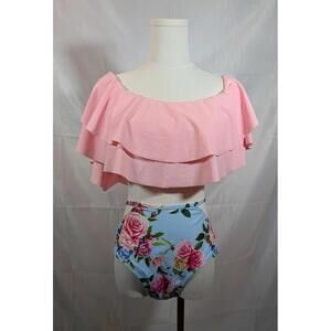 Floral Two-Piece High-Waist Swimsuit with Ruffled Crop Top Size Large